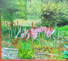 A colorful garden glade with patchwork tones featuring a variety of flowers, including pink and orange blooms, surrounded by lush greenery and trees in the background.