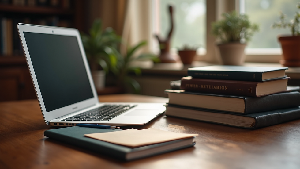 Eye-level view of a cozy study space with books and a laptop