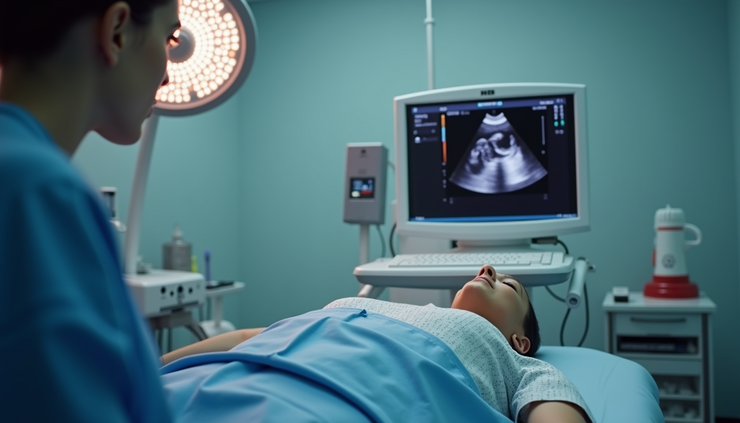 Eye-level view of a patient lying on an examination table during a liver ultrasound