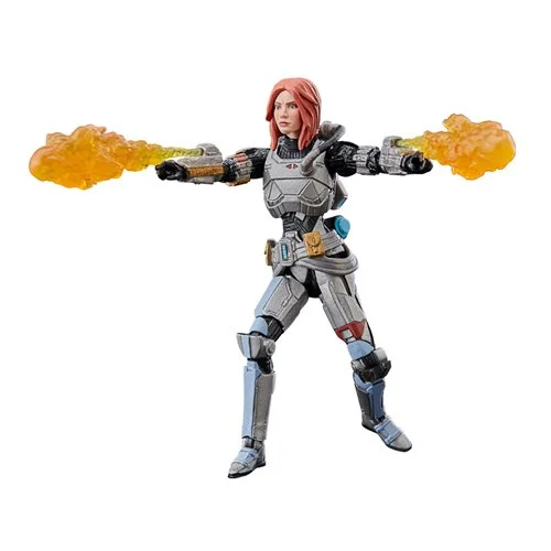 Female action figure in armored suit wielding energy weapons