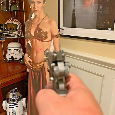 Hand holding toy blaster aimed at Princess Leia cardboard cutout
