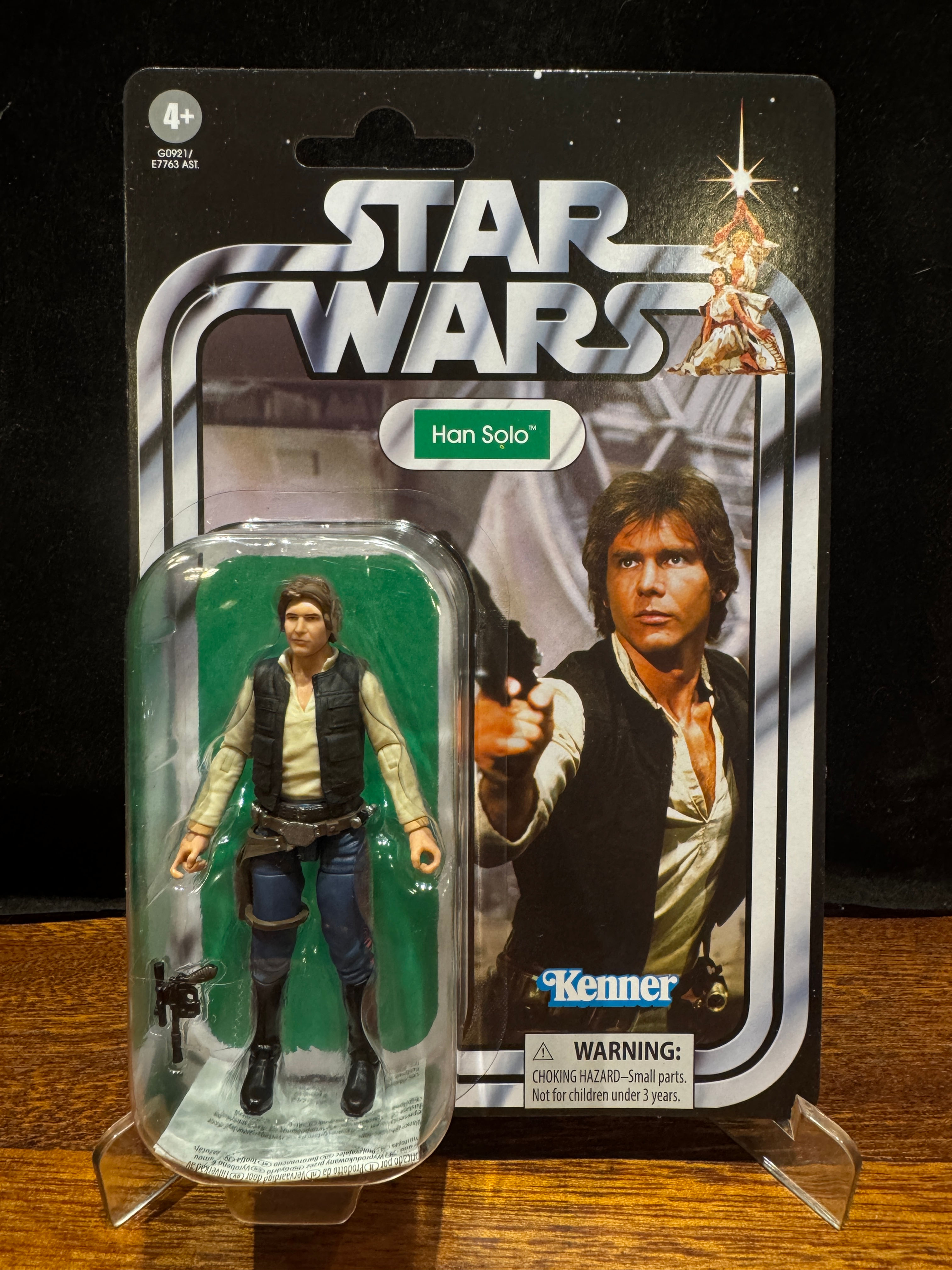 Star Wars Han Solo action figure holding a blaster RAWSTARWARS Kenner packaging