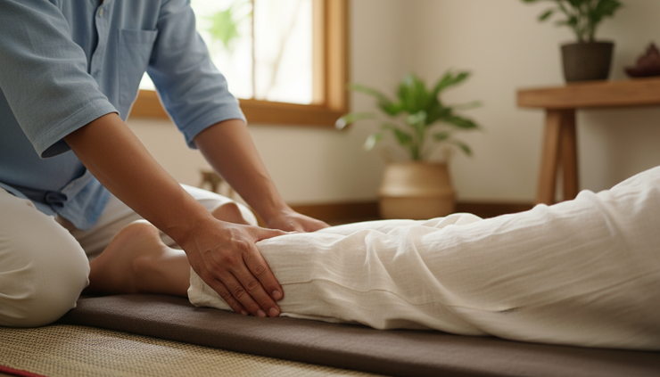Close-up view of a therapist applying palm pressure along a client's lower leg