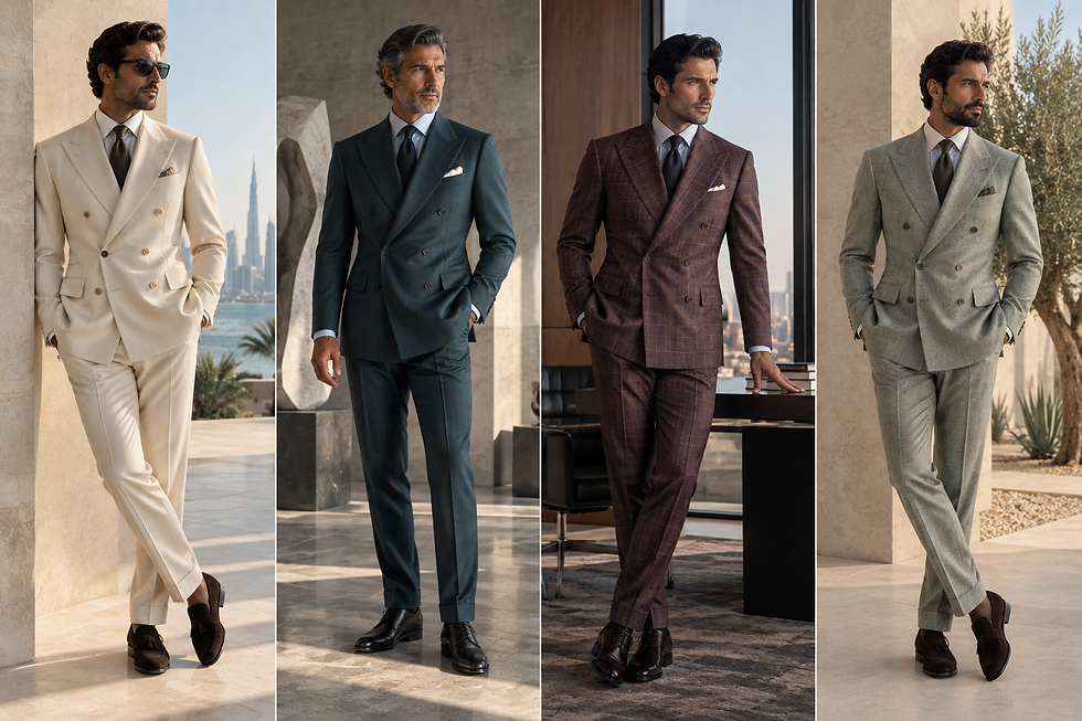 Four stylish double-breasted suits in off-white, deep petrol, burgundy windowpane and sage grey for Dubai executives