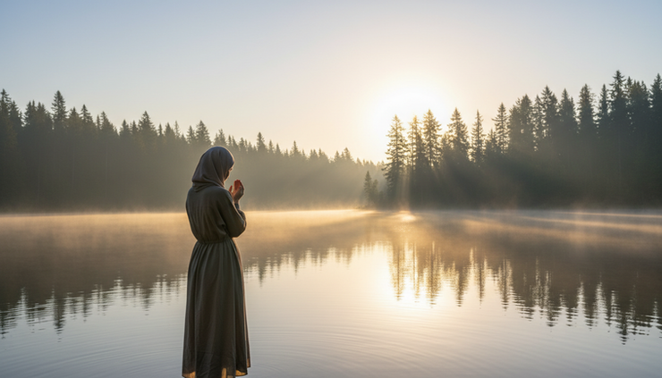 Eye-level view of a single person standing beside a quiet lake at sunrise