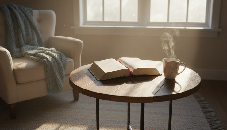 Close-up view of an open Bible beside a warm cup of tea near a sunny window