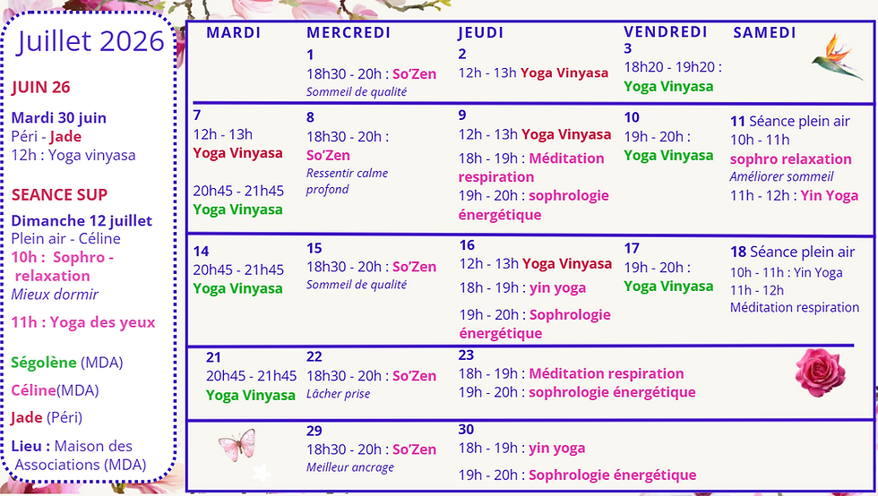 yoga méditation sophrologie so'calme juillet 26
