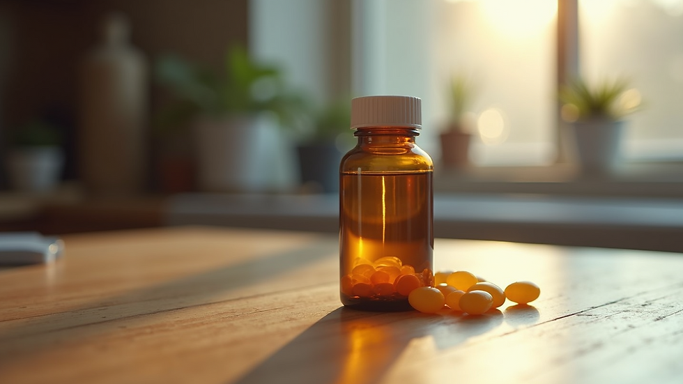 Eye-level view of a homeopathic medicine bottle on a wooden table