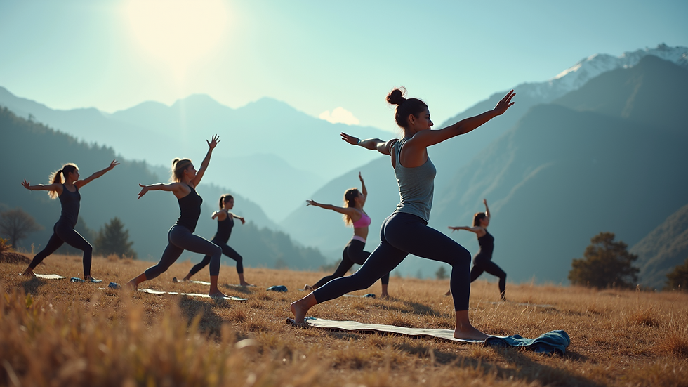 Wide angle view of yoga students practicing outdoors with Himalayan mountains in the background