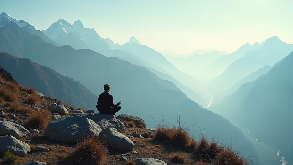 High angle view of a serene Himalayan mountain landscape with a yoga practitioner in the distance