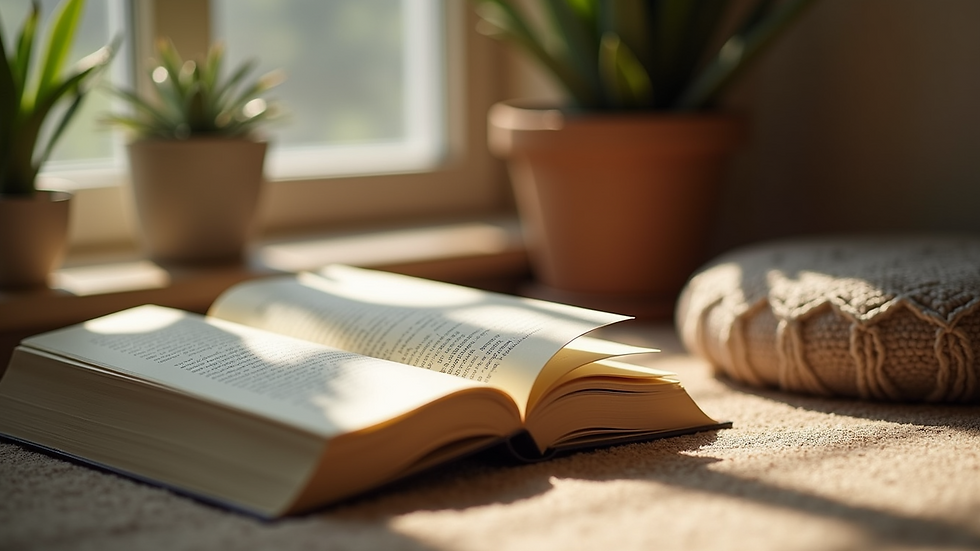 Close-up view of yoga books and a meditation cushion in a cozy corner