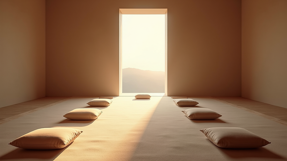 High angle view of a peaceful meditation hall with cushions and soft lighting