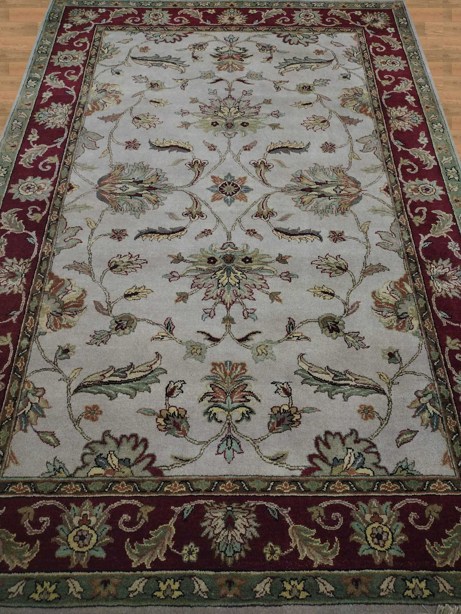 6'X9' Indian Handmade Burgundy Green And Tan Floral Area Rug-GL385