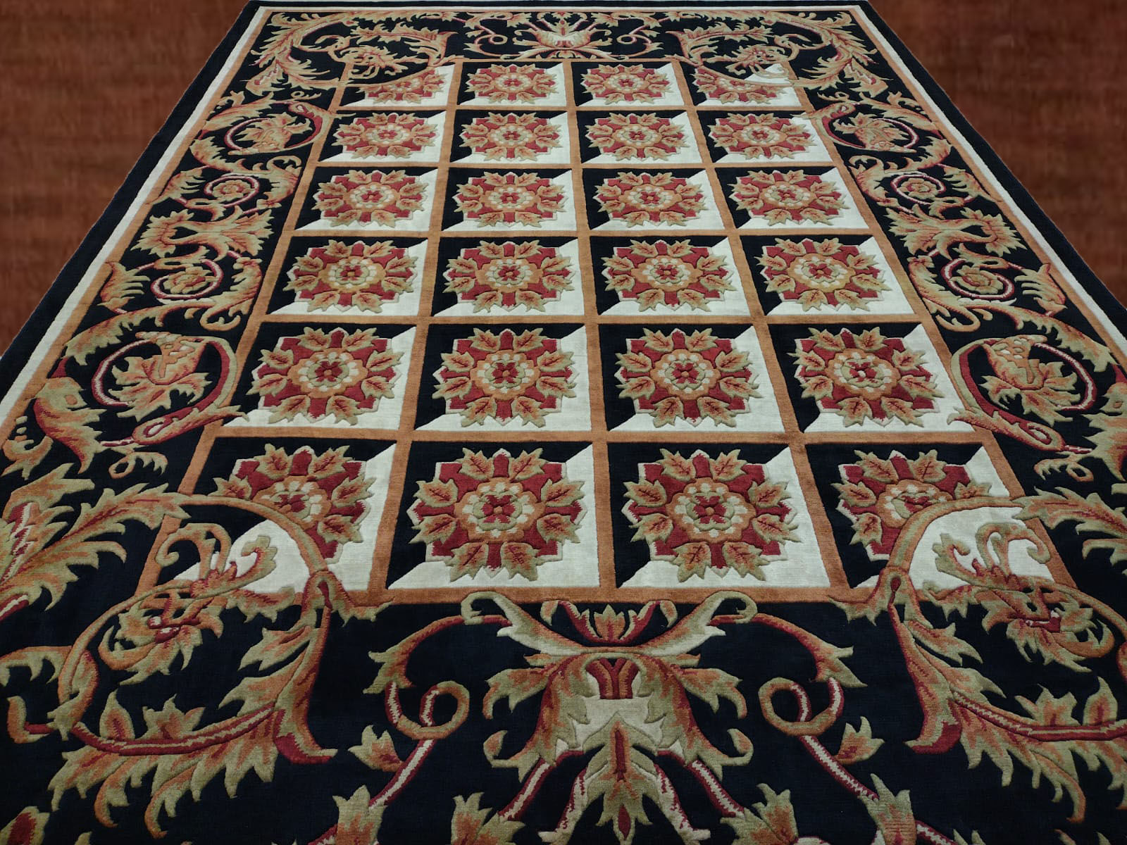 9'2"X12'6"Nepal Handmade Black/White/Maroon Floral  Area Rug-GL1088
