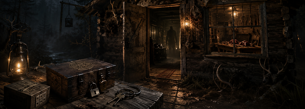 A moonlit hunting cabin looms in a foggy forest, covered with deer skulls and antlers. Lanterns illuminate padlocked puzzle boxes and scattered keys while a shadowy figure waits inside the open doorway.