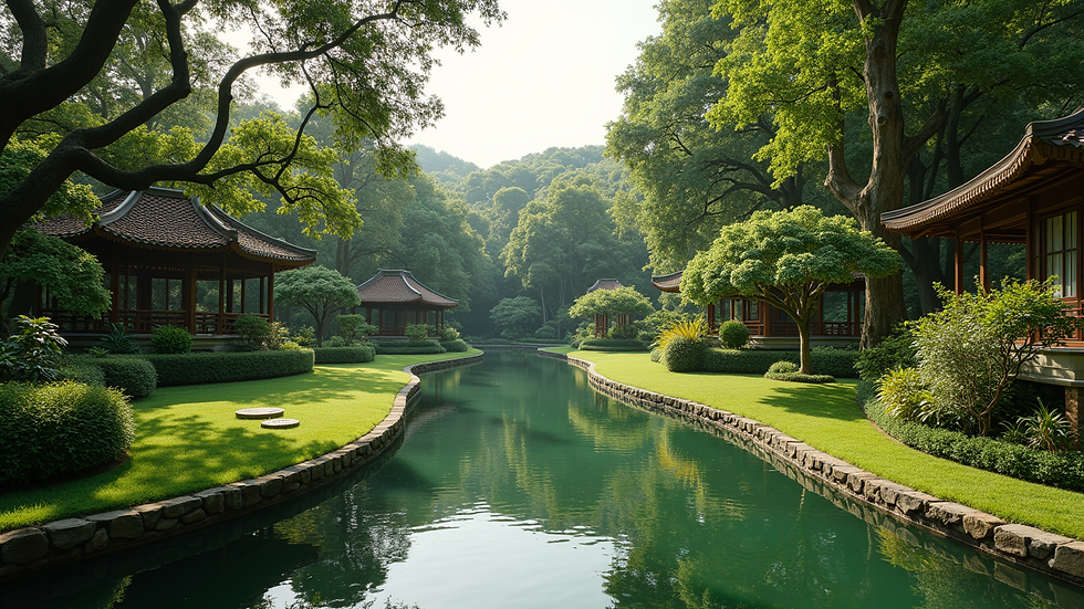 Wide angle view of lush gardens with winding canals