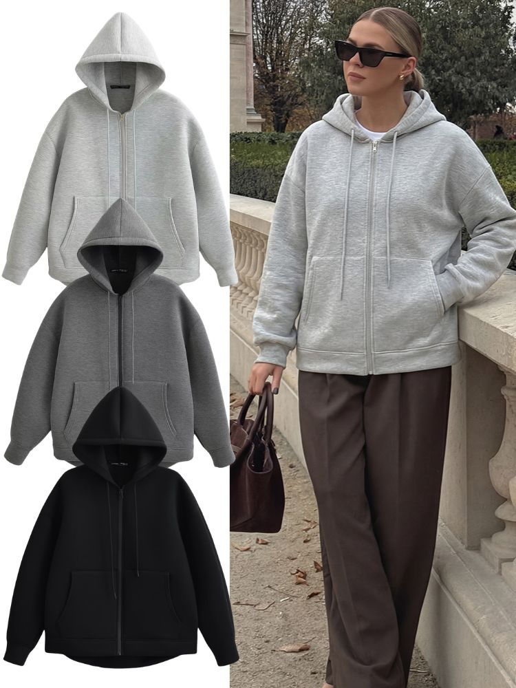 HH 2026 Casual Women's Soild Zipper Hoodie Long Sleeve Big Pocket Zipper Jacket