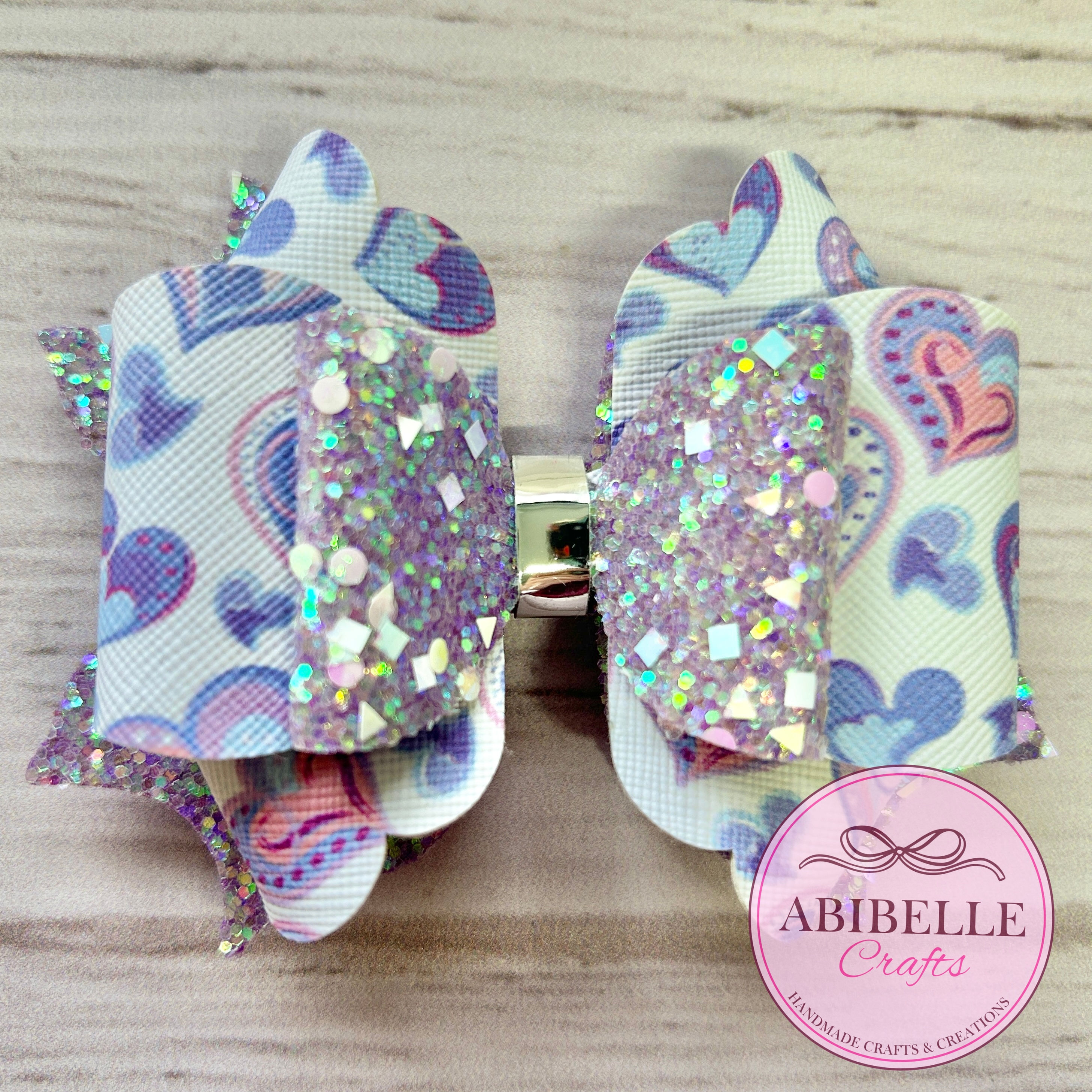 Lilac Valentine's Hair Bow - Glitter Bow Purple Hearts