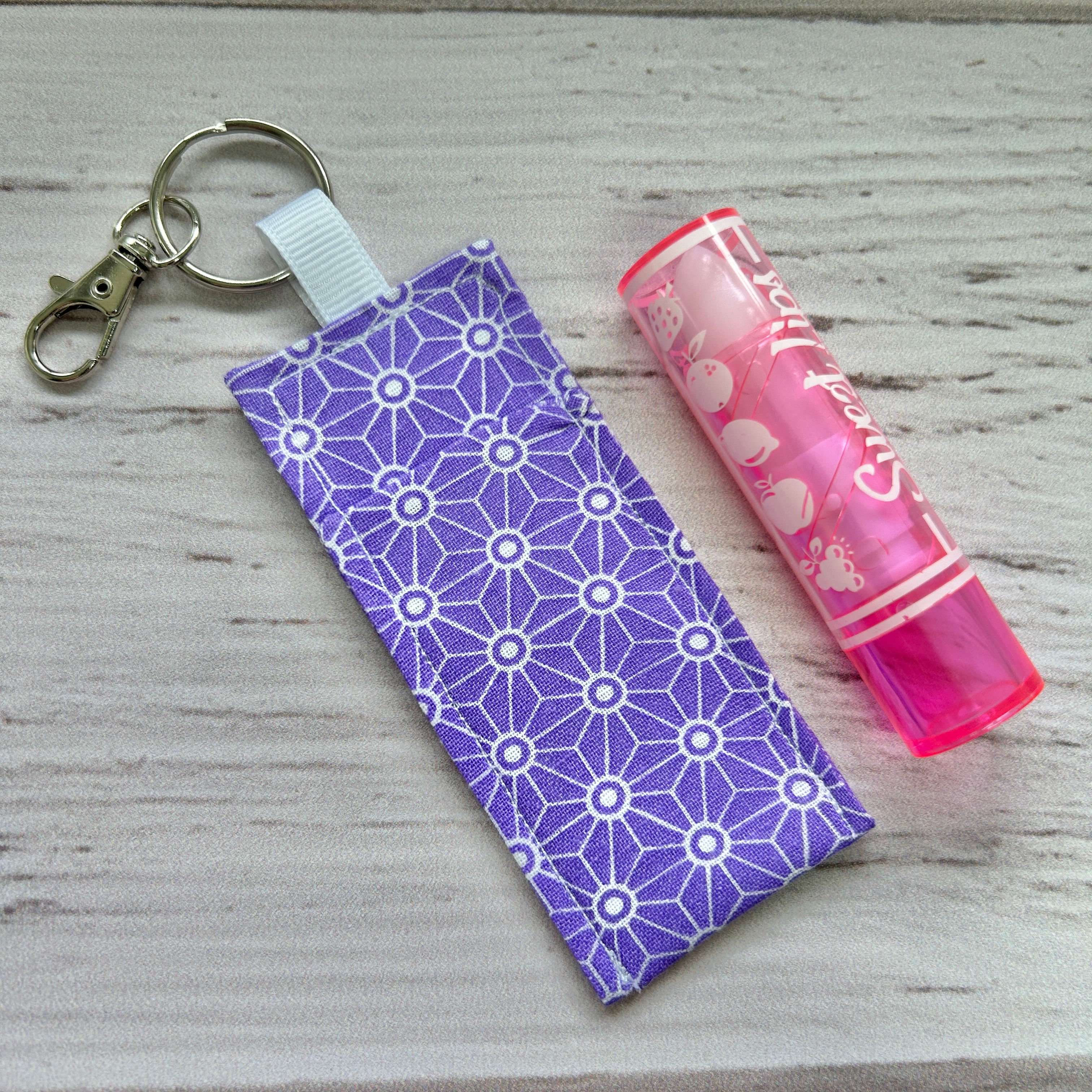 Lip Balm Holder Keyring PLUS Lip Balm - Purple & White Geometric Pattern