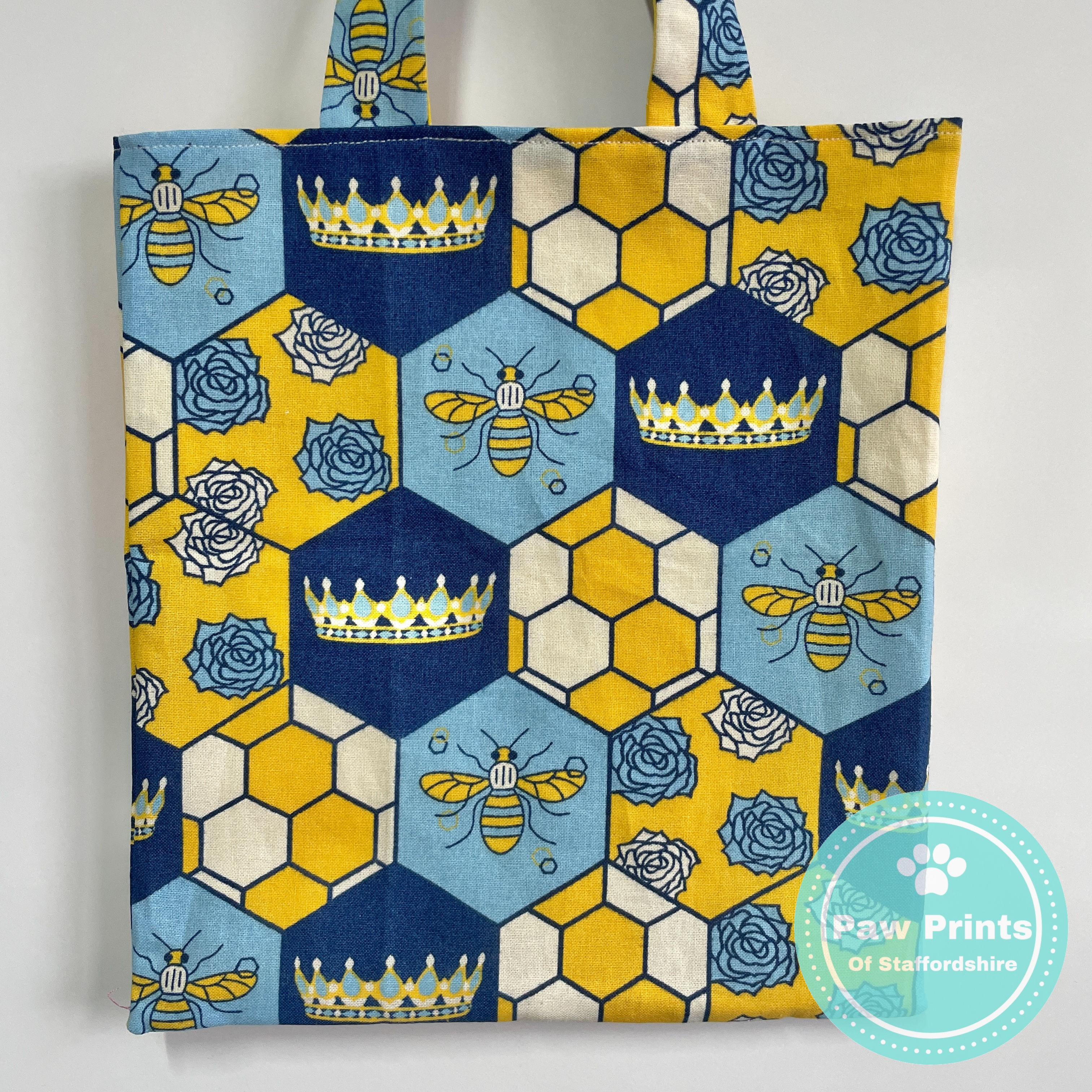 Mini Tote Bag - Child’s Shopping Bag - Fully Lined - Blue & Yellow Bumble Bee, C