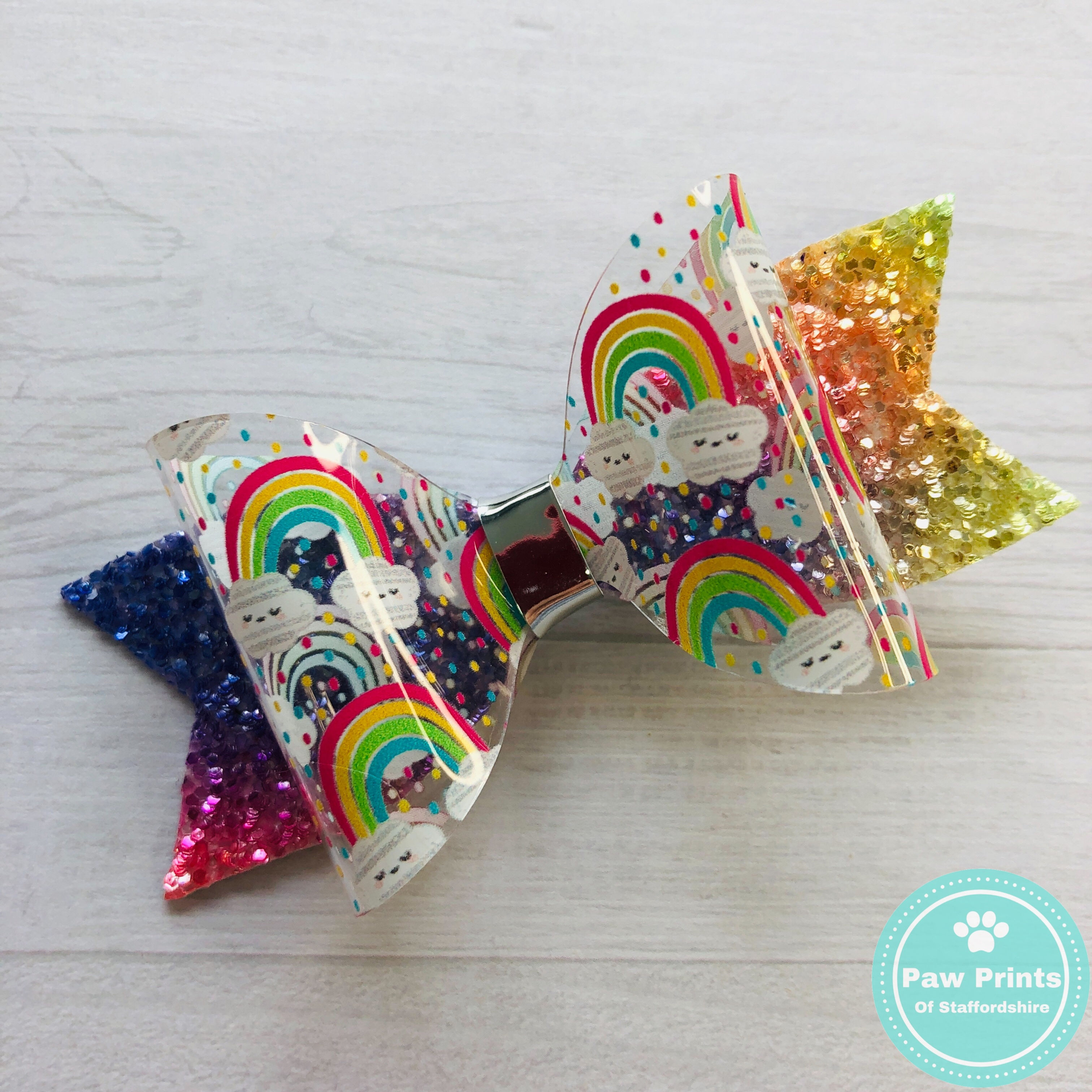 Rainbows Glitter Hair Bow on Alligator Clip - Transparent Vinyl