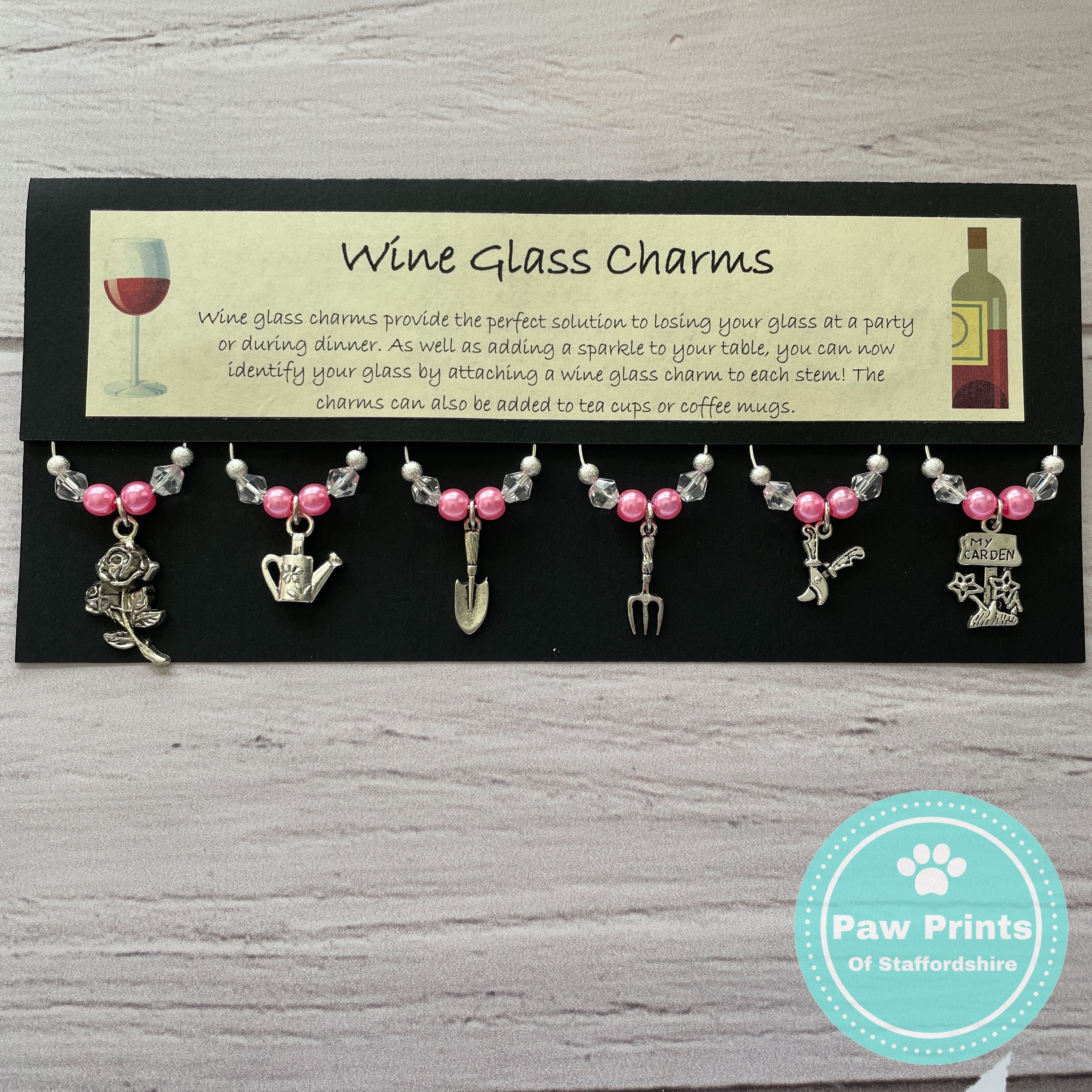 Gardening Themed Wine Glass Charms - Pink & Silver