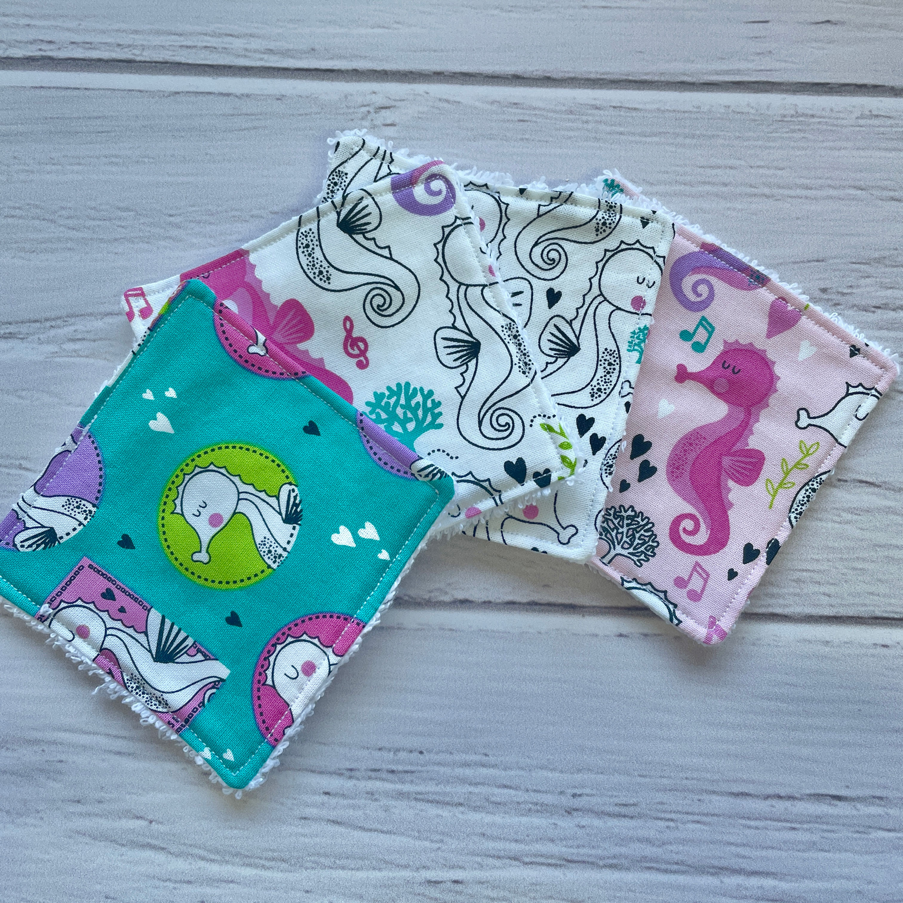 Reusable Cotton Towelling Make-up Remover Wipes - Seahorses