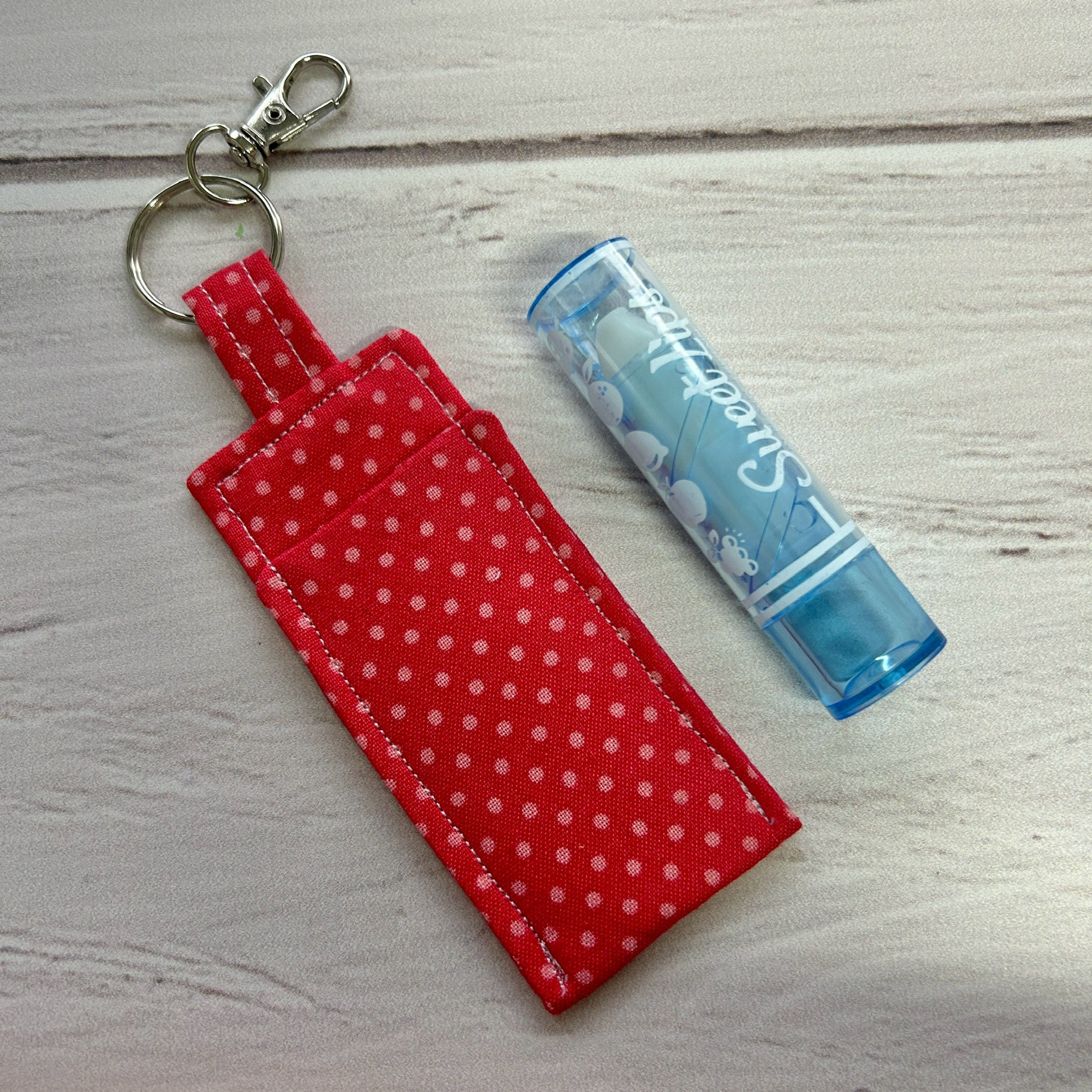 Lip Balm Holder Keyring PLUS Lip Balm - Red & Pink Spots