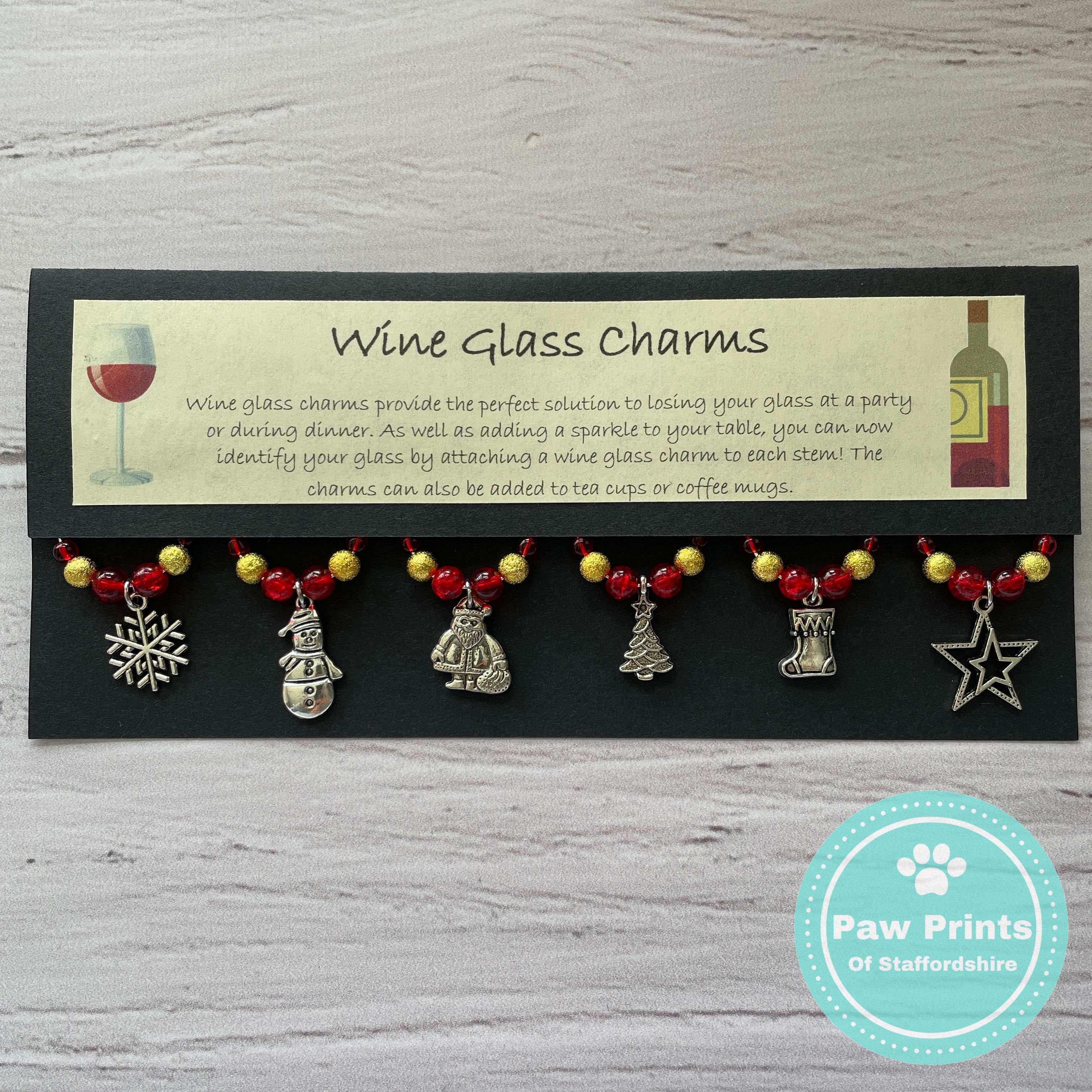 Christmas Themed Wine Glass Charms - Red & Gold
