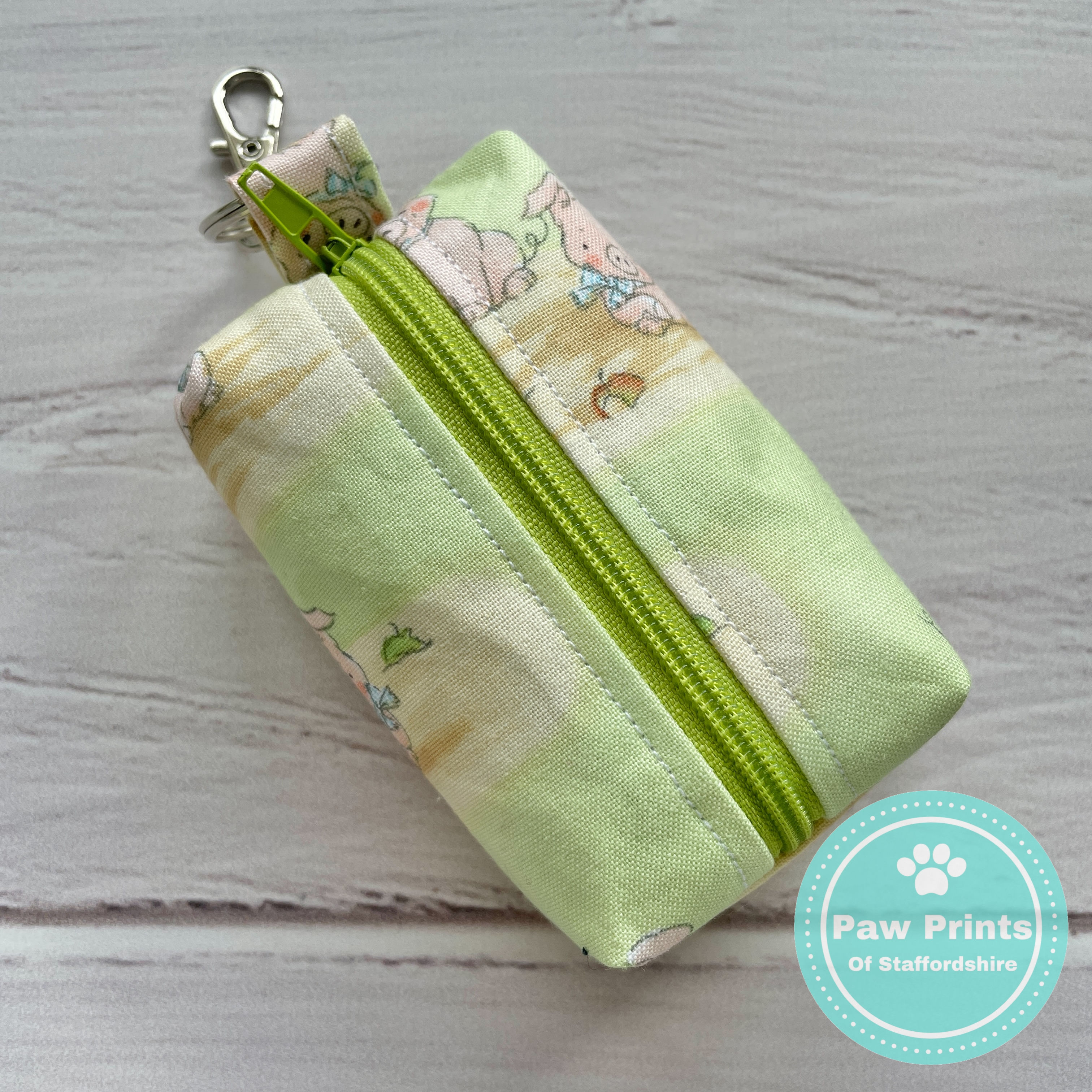 Mini Fabric Zipper Pouch Keyring - Green Pig Pattern