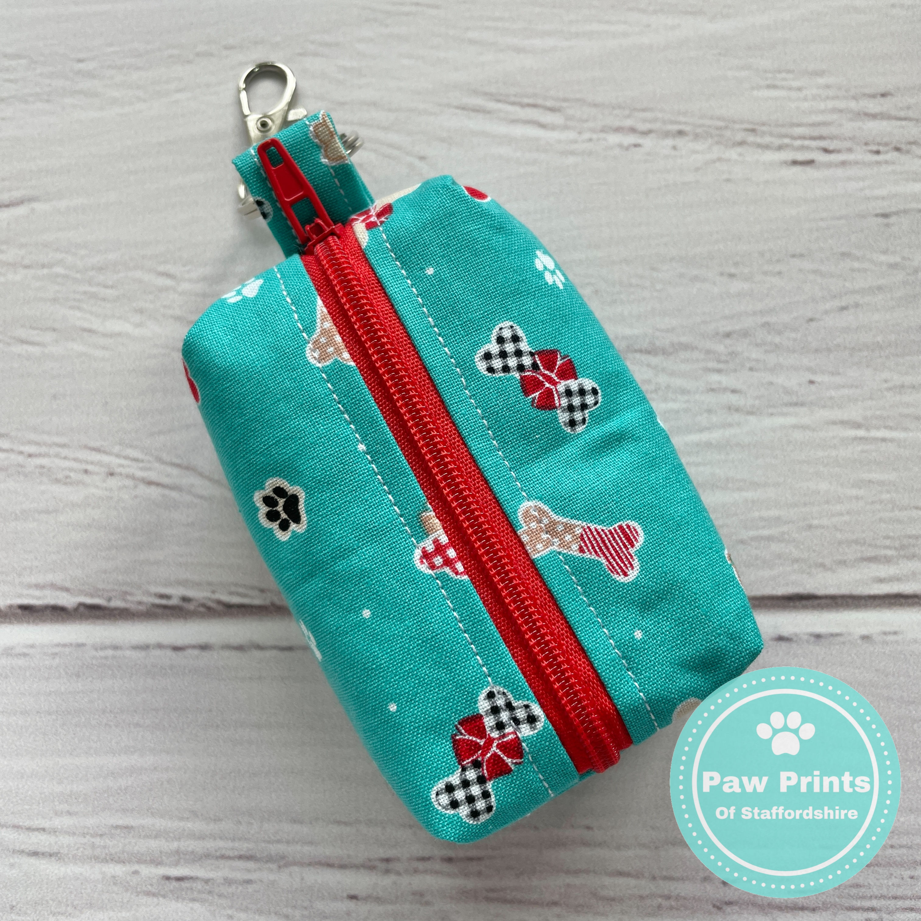 Mini Fabric Zipper Pouch Keyring - Green & Red DogsTreats