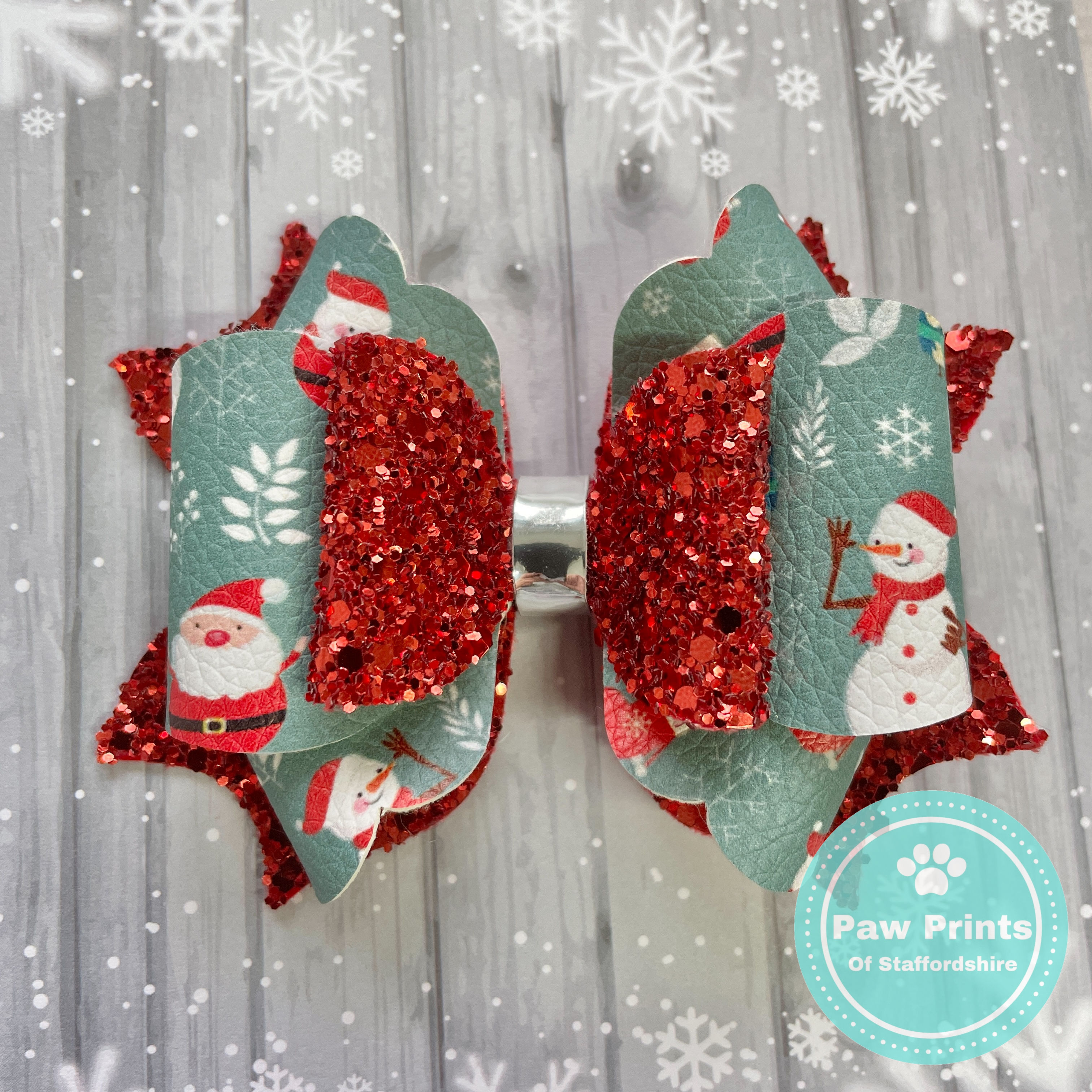 Christmas Santa Claus & Snowmen Stacked Hair Bow - Red Glitter