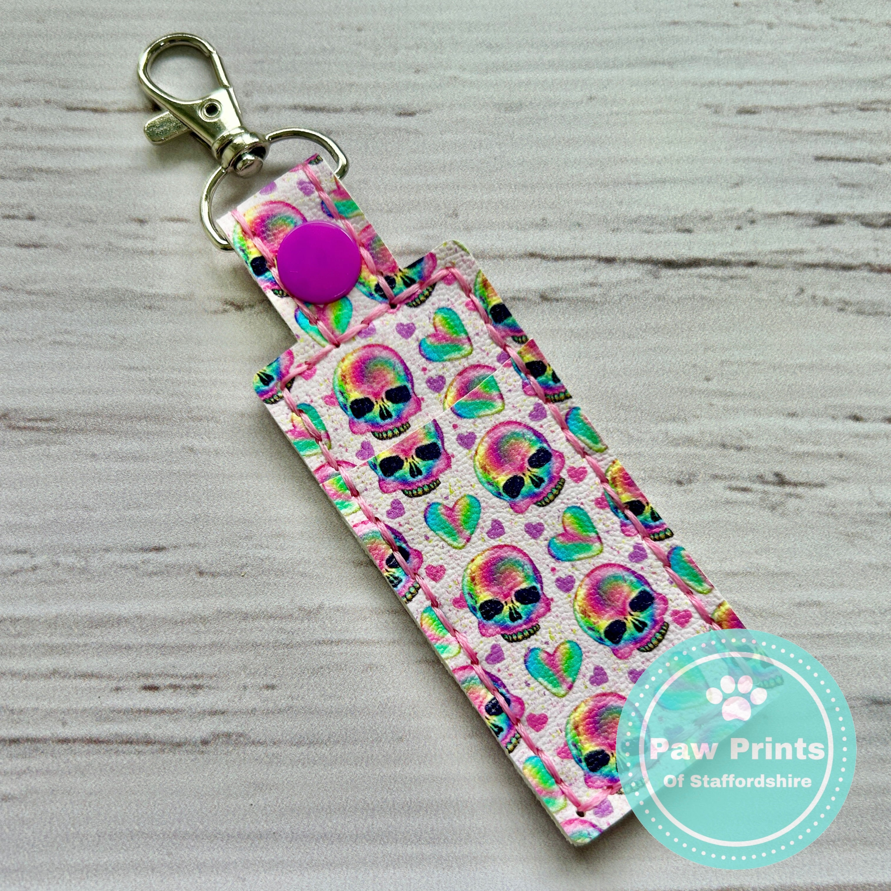 Lip Balm Holder Keyring - Pink Skulls & Hearts Pattern Faux Leather