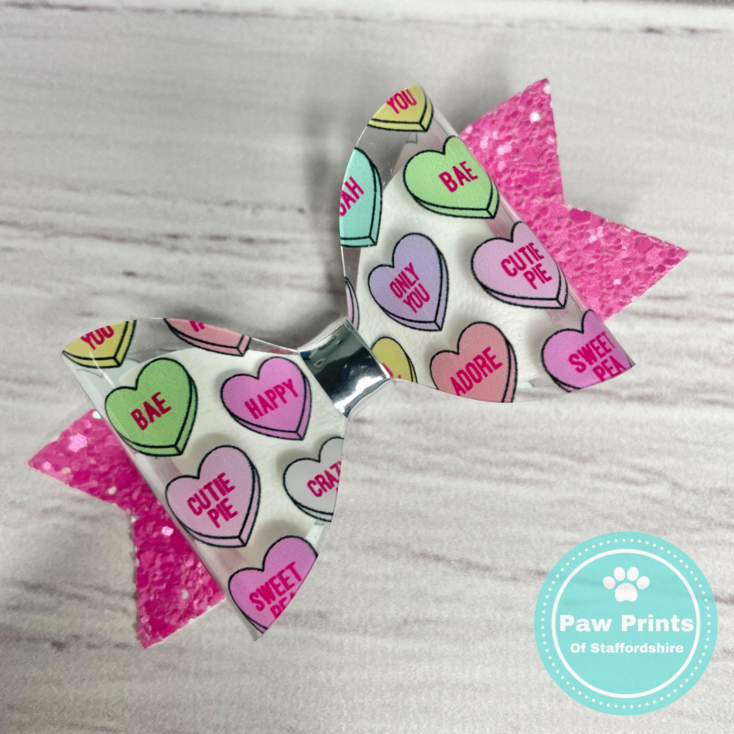 Love Heart Sweets Transparent Vinyl Hair Bow - Valentine's Pink Glitter Bow