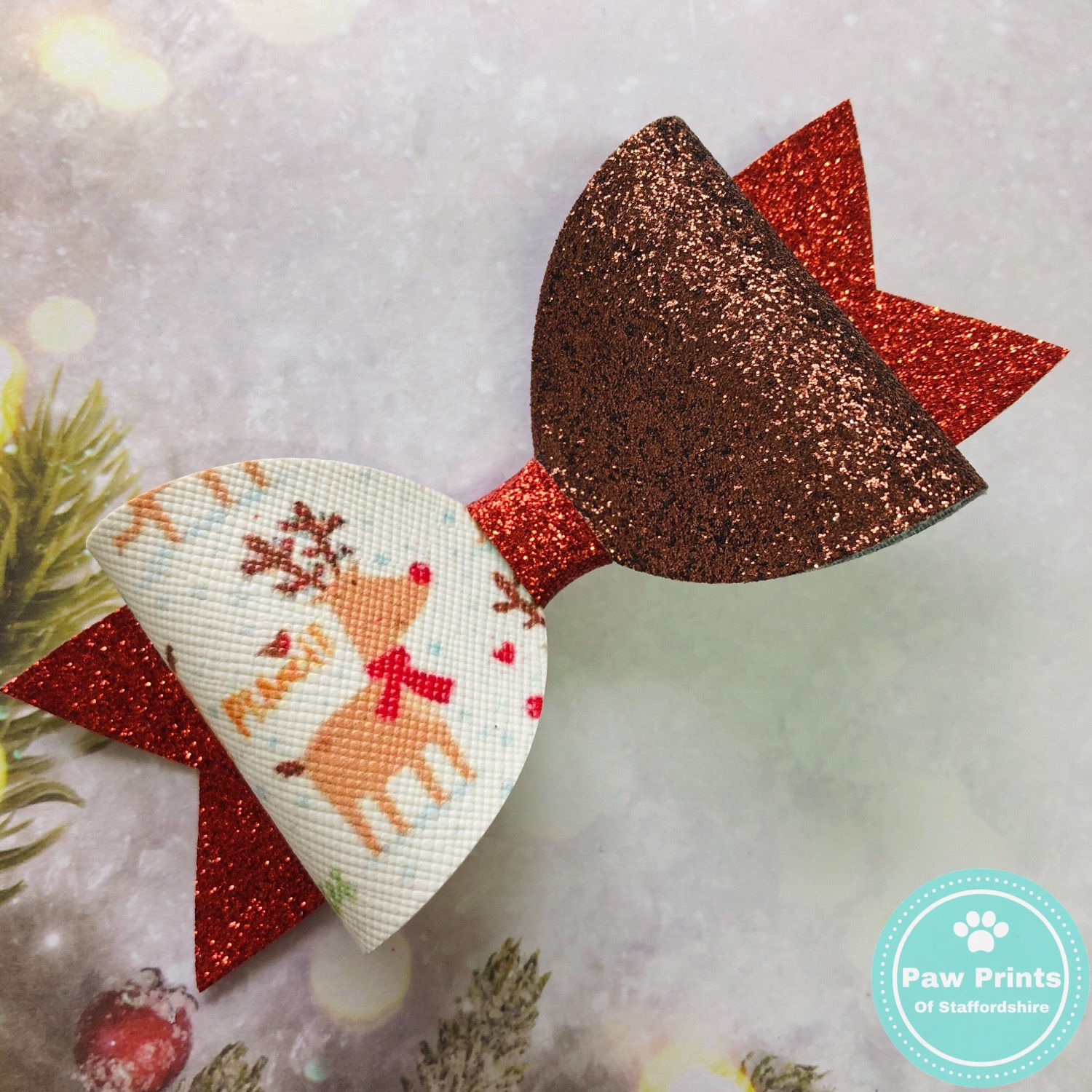 Cute Reindeer Brown & Red Glitter Hair Bow