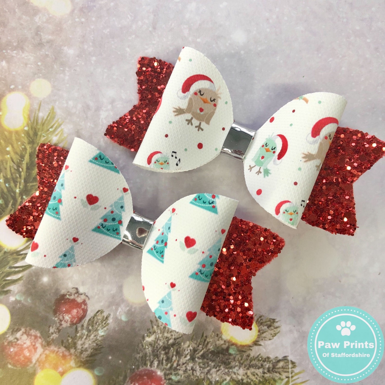 Set of 2 Christmas Trees & Birds Glitter Hair Bows