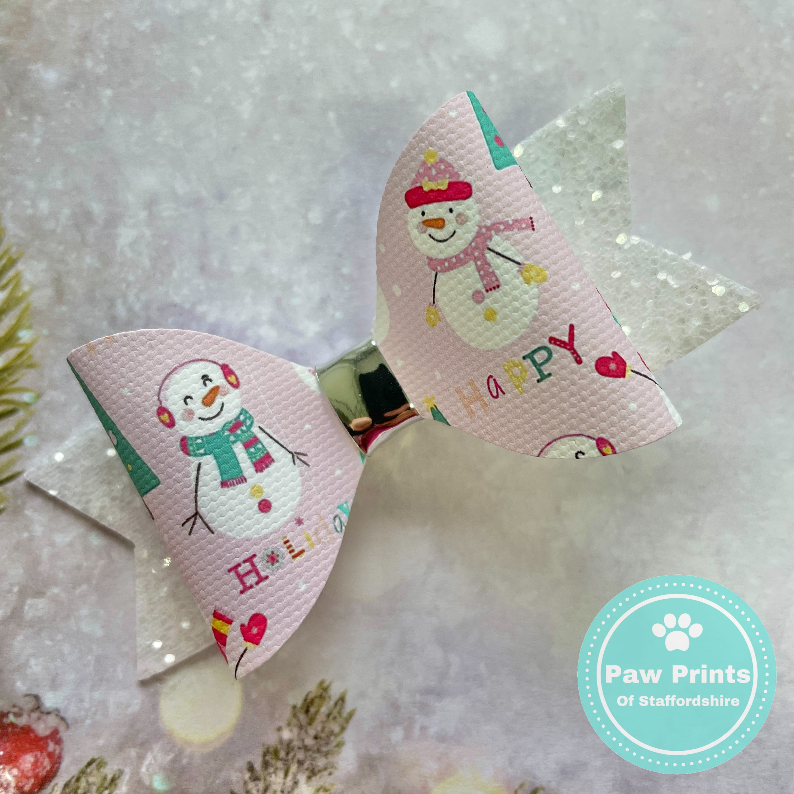 Happy Holidays Snowmen Pink & White Glitter Hair Bow