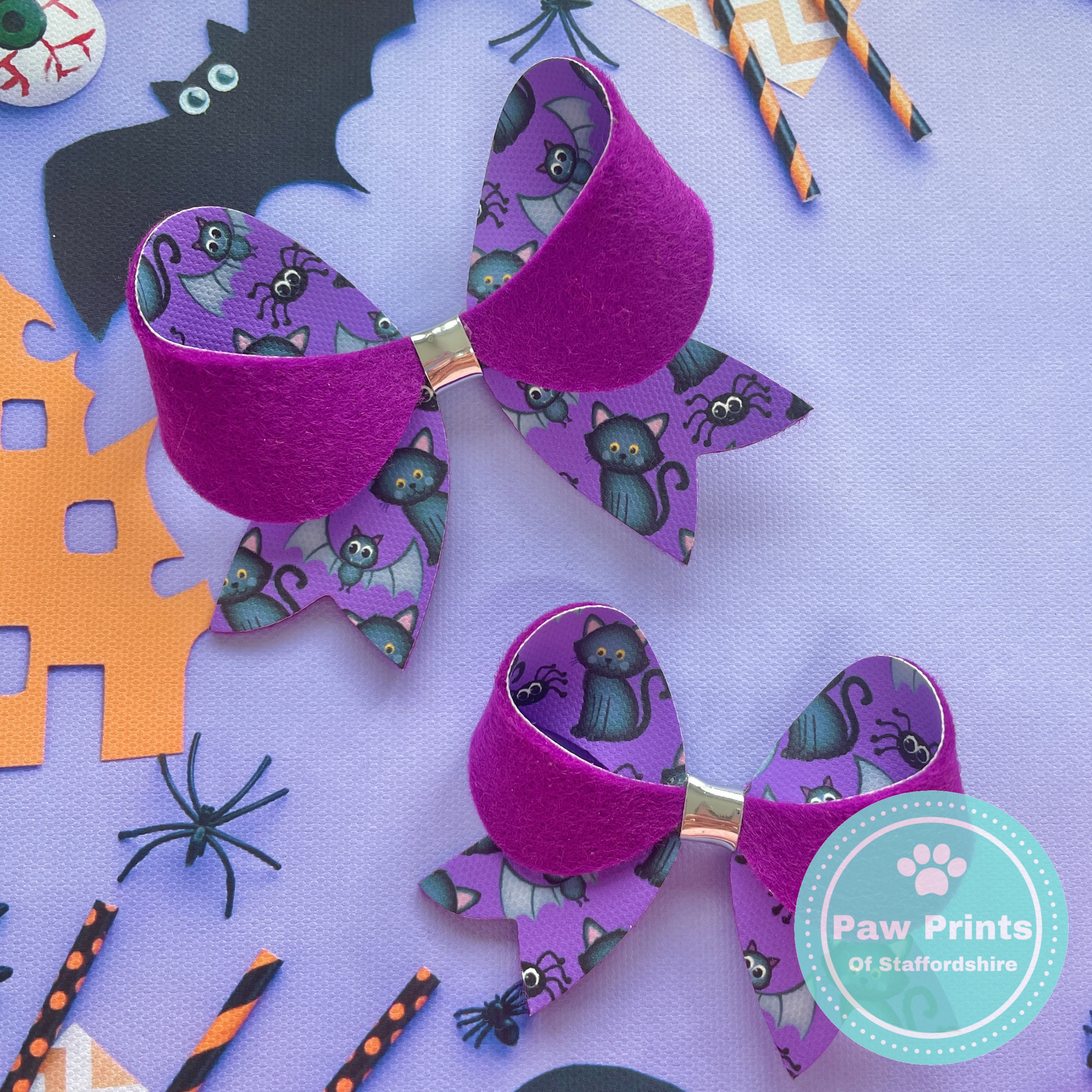 Halloween Cats, Bat & Spiders - Purple Double Sided Halloween Hair Bow