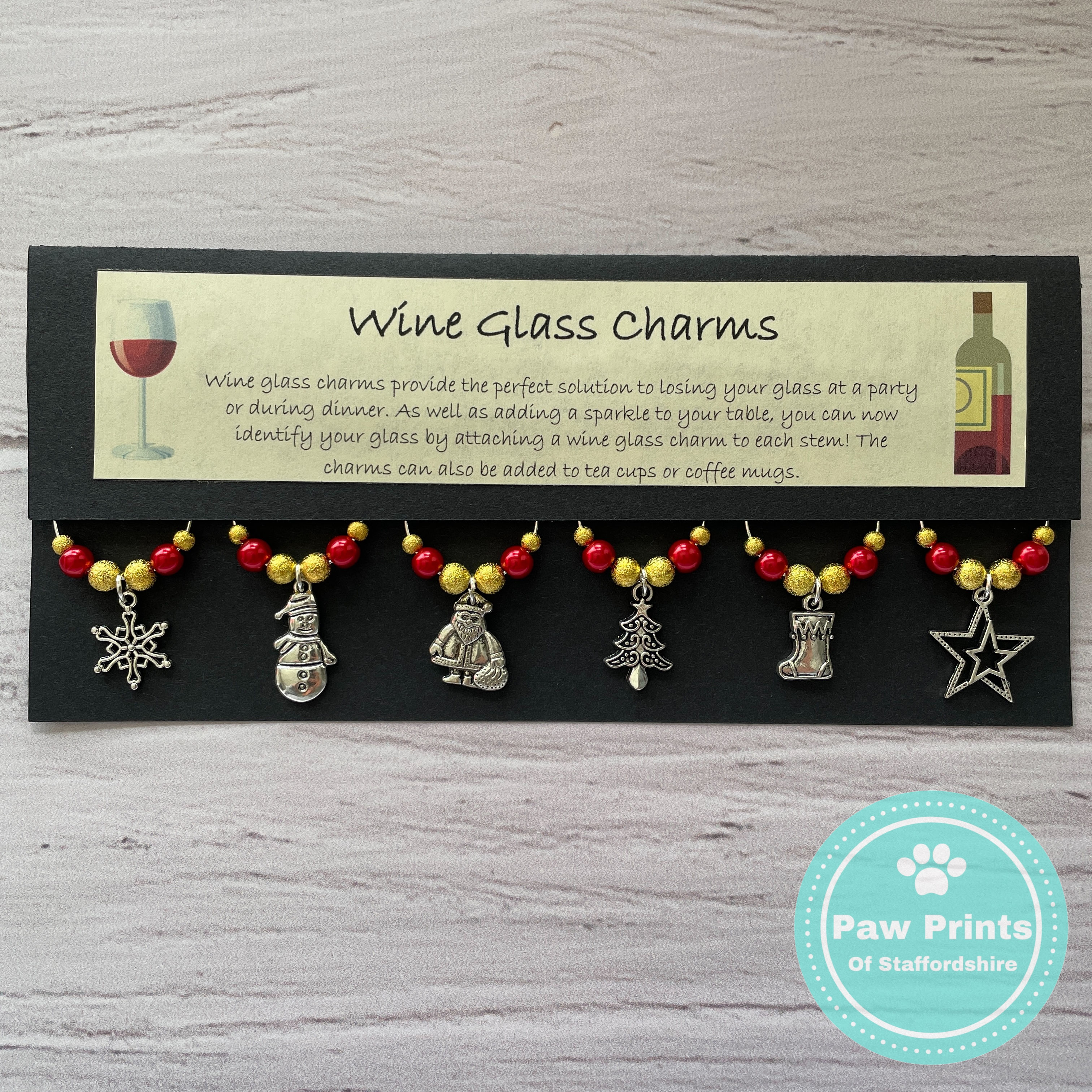 Christmas Themed Wine Glass Charms - Red & Gold