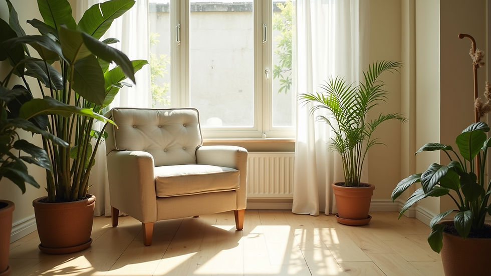 Eye-level view of a cozy, sunlit corner with plants and a soft chair