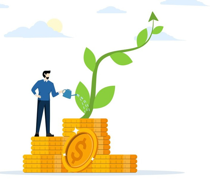 investment-growth-vector-illustration-with-businessman-watering-plant-shaped-like-growth-c