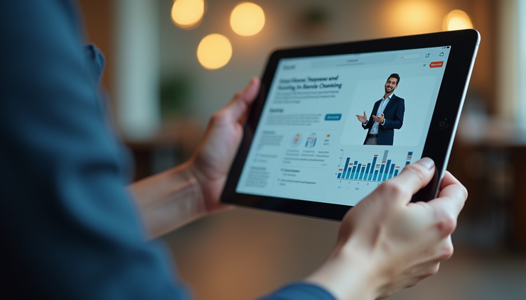 Close-up view of a person’s hands using a tablet with a training app open