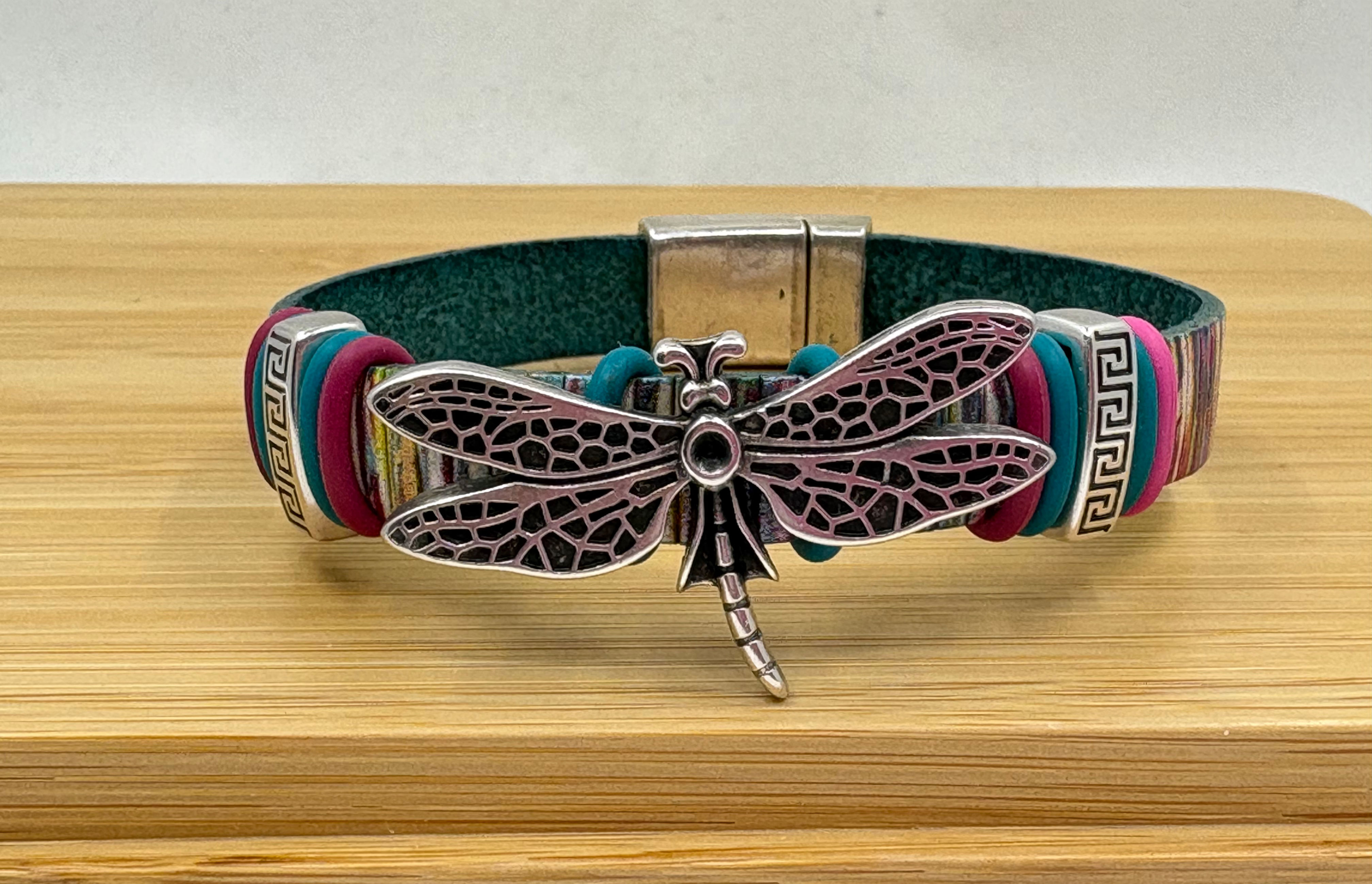 Multi Shimmer Leather and Dragonfly Bracelet 