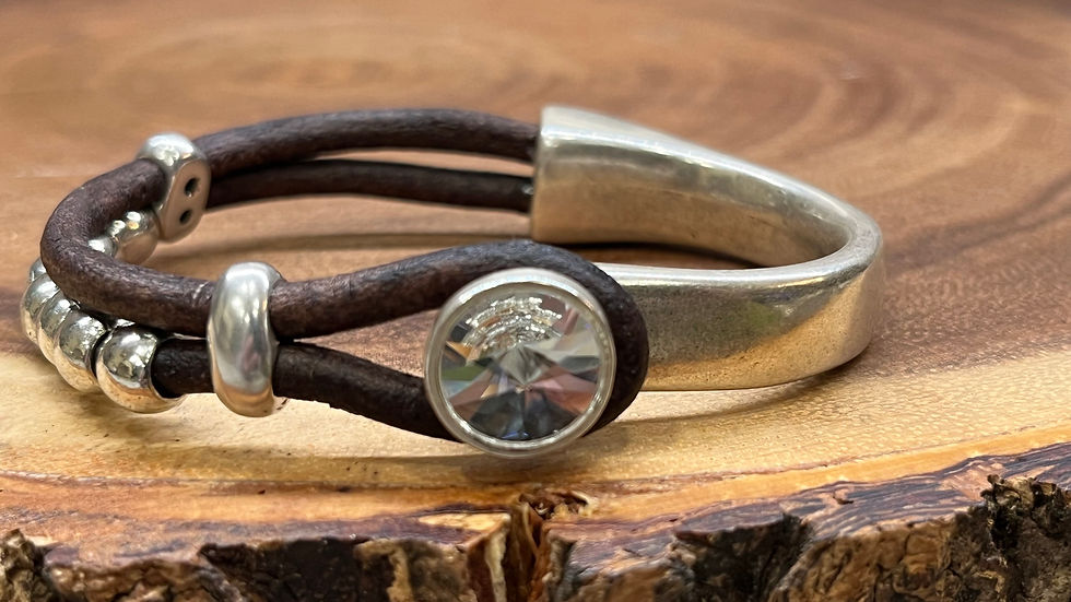 Silver  Rhinestone Brown Leather Bracelet