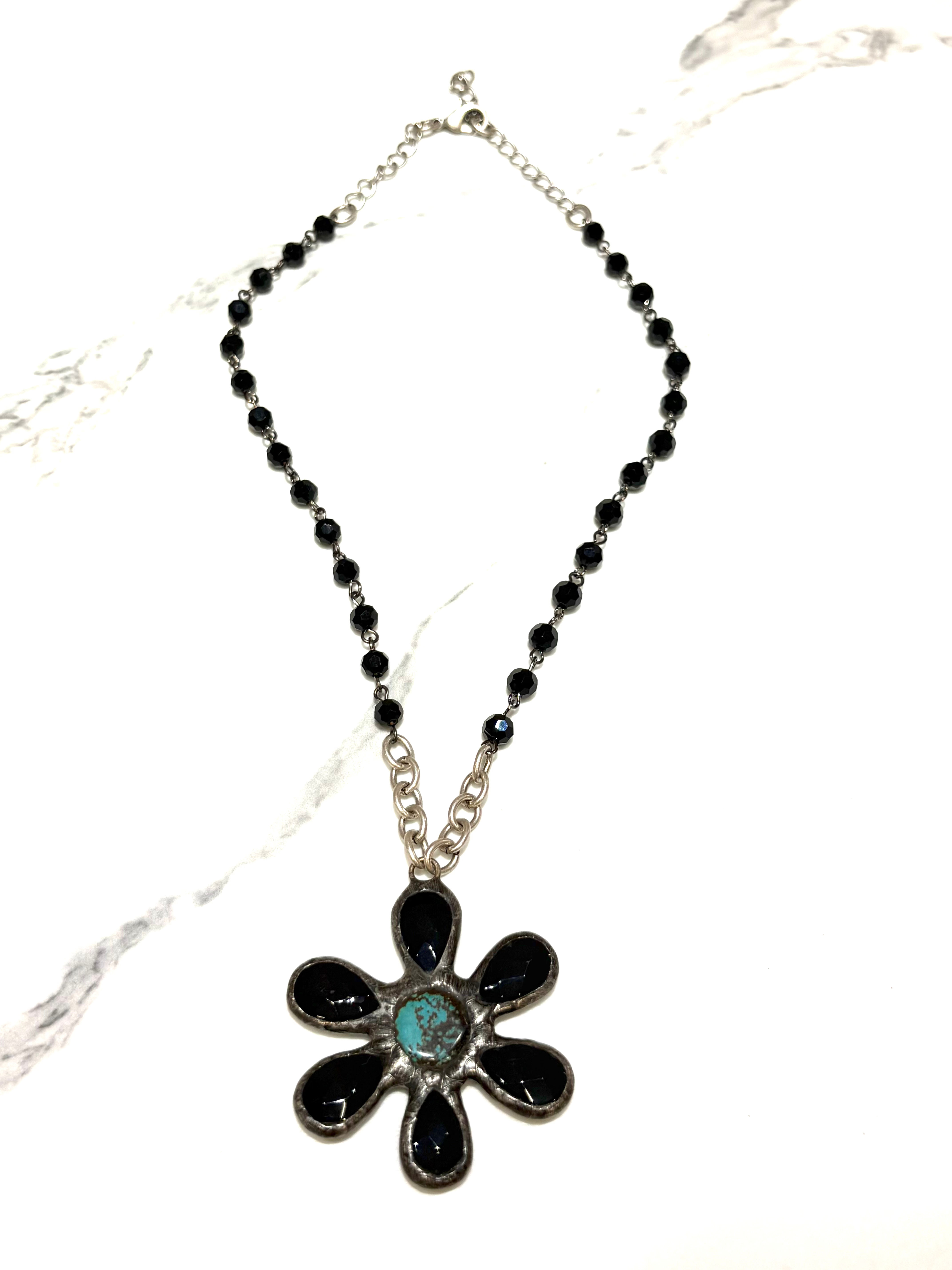 Black Onyx and Turquoise Flower Pendant Necklace 