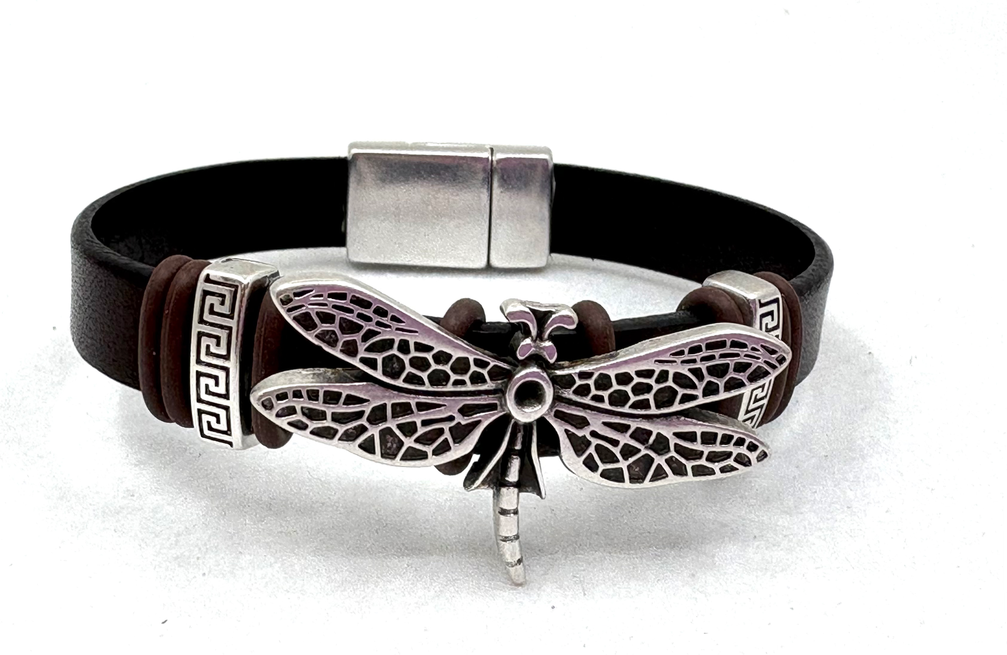 Silver Dragon Fly Leather Bracelet 