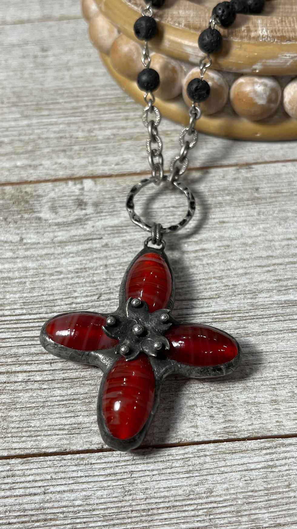 Red Vintage Red Glass Quatrefoil Flower Necklace