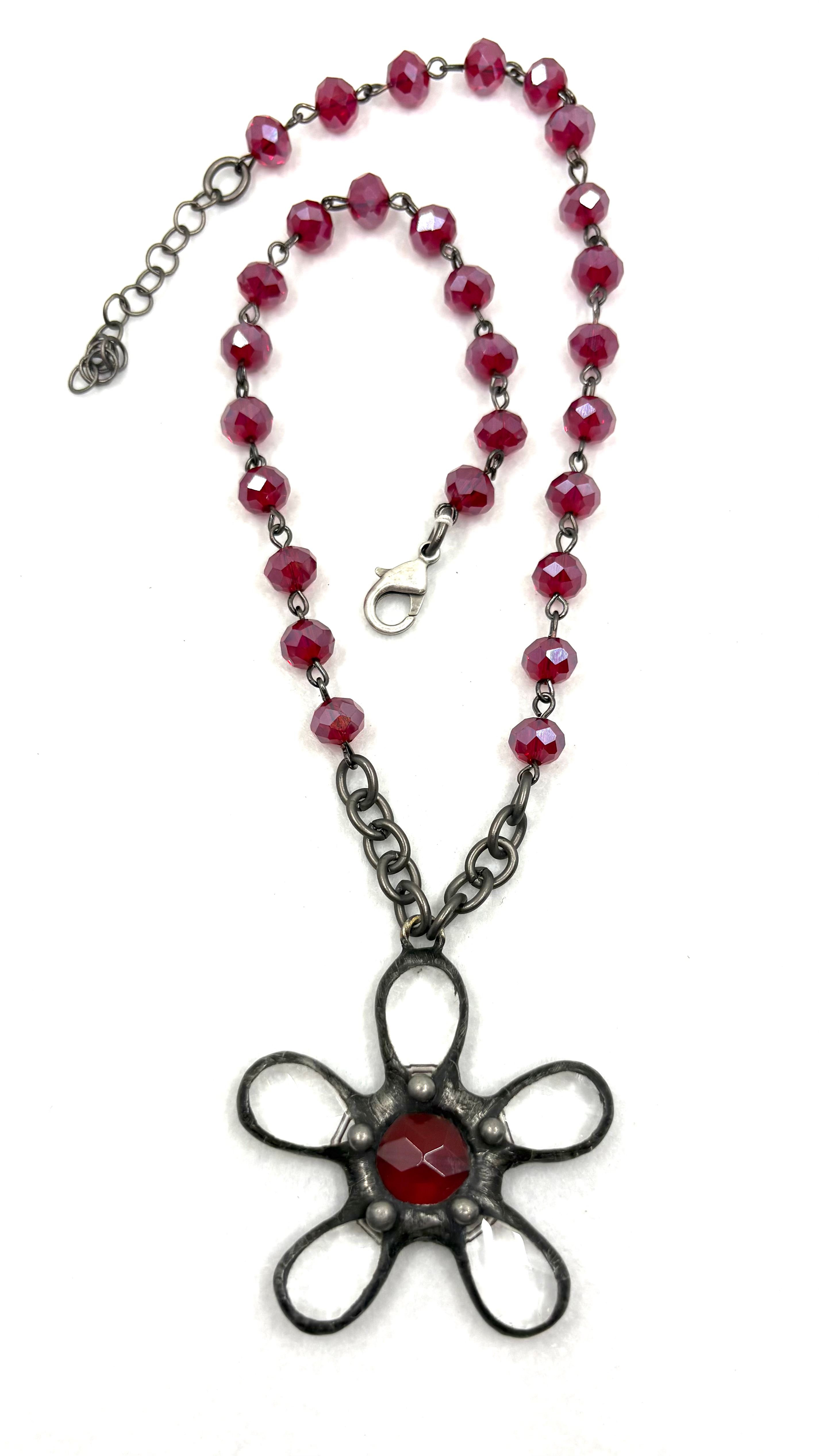 Crystal and Red Soldered Flower Pendant  with Siam Rosary Chain 