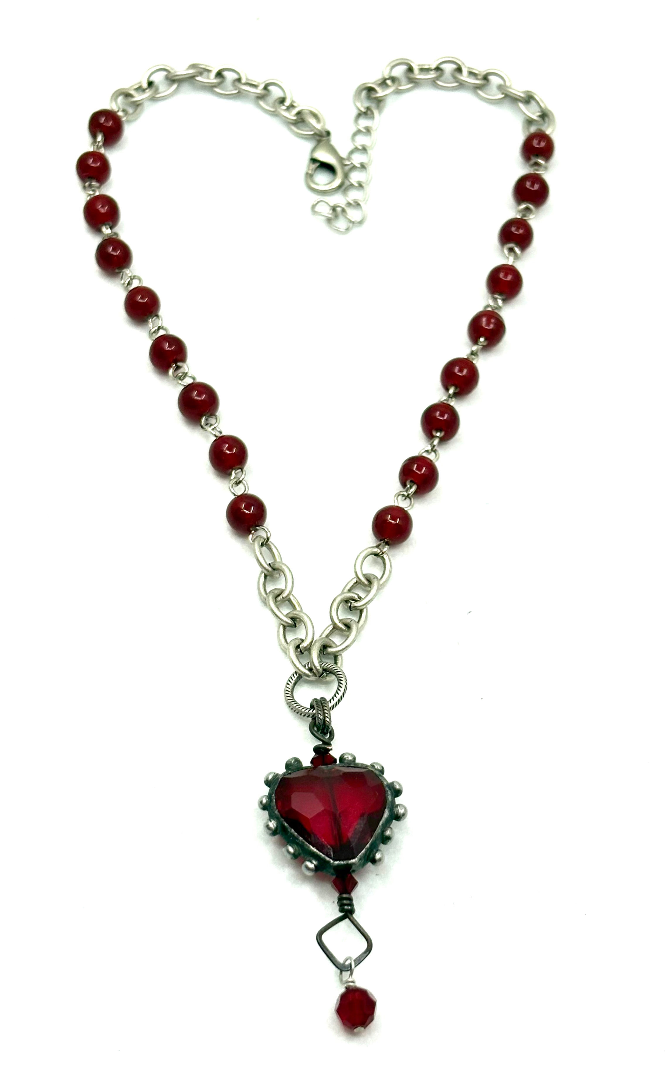 Soldered Dotted Red Crystal Heart Pendant Necklace with Red Glass Beaded Rosary 