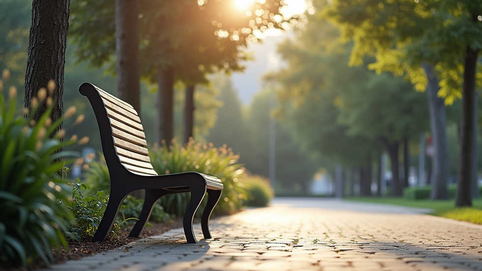 Eye-level view of a serene outdoor space with a single bench
